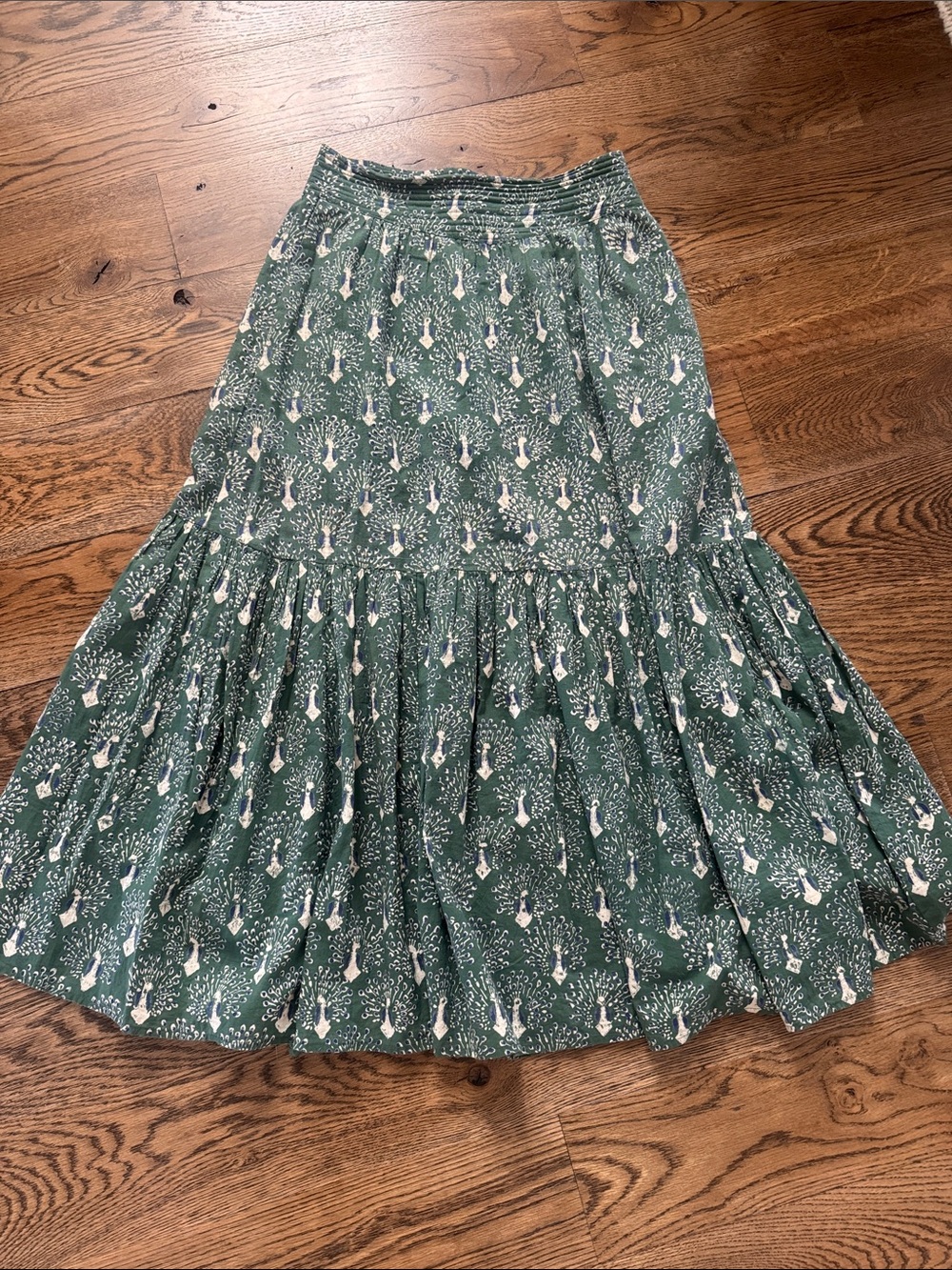 Green Printed Maxi Skirt with Tiered Ruffle Hem